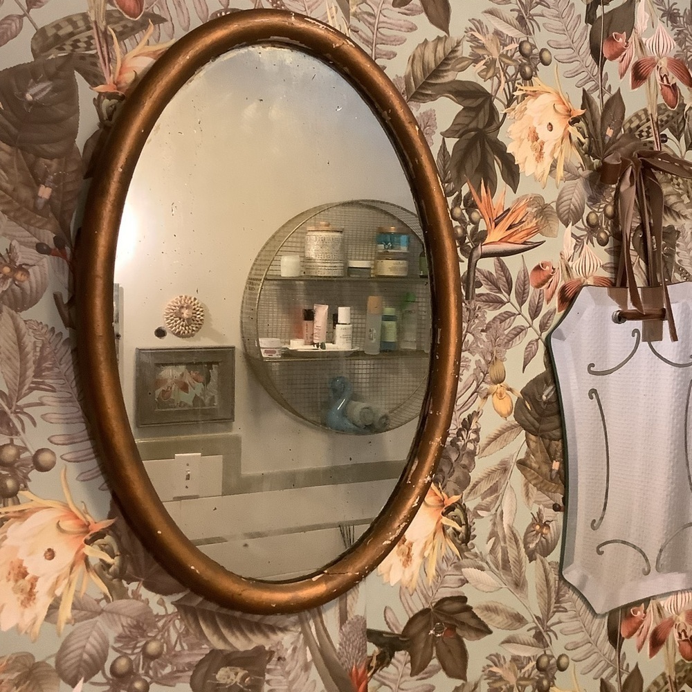 Antique Vintage Chippy Gold Painted Distressed Oval Wall Mirror